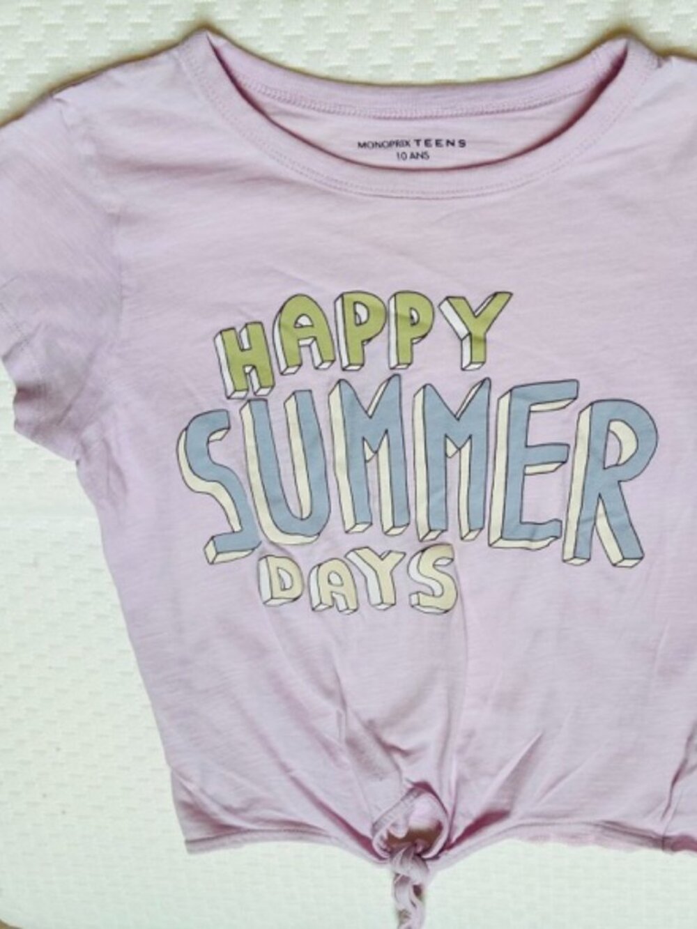 Monoprix, Rose cotton T-shirt, tie hem, Happy Summer Days, size: 10 yrs old